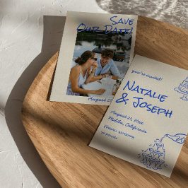 Reserve A Data Blue Hand Drawn Champagne Tower Cake Photo Wedding