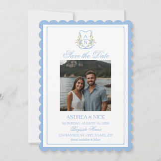 Reserve A Data Blue Hydrangea Crest Monogram Wedding Invitation