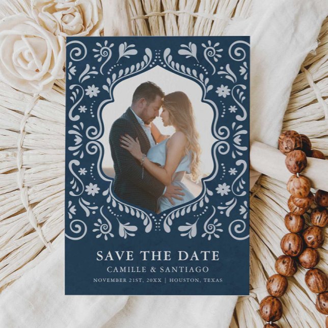Reserve A Data Blue Mexicano Themed Photo Save the Date (Blue Talavera Mexican Themed Save the Date with Photo)