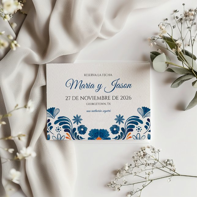 Reserve A Data Blue Orange Floral Elegant Fiesta Spanish Wedding (Blue Orange Floral Elegant Fiesta Spanish Wedding Save The Date)