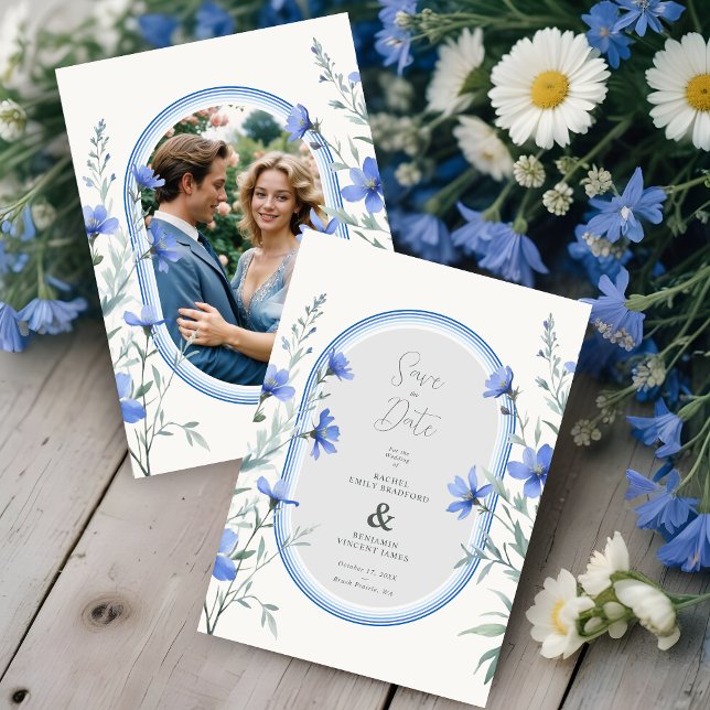 Reserve A Data Blue Shades Cherish Botanical Wildflowers Branches (Announce your wedding with elegance and style using our Delicate Blue Shades Cherish Botanical.)
