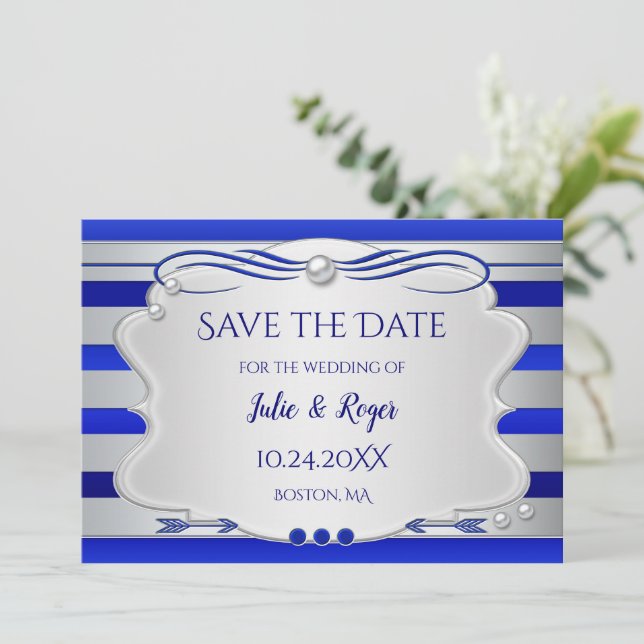 Reserve A Data Blue Silver Strited Photo Save the Date Card (Em pé/Frente)