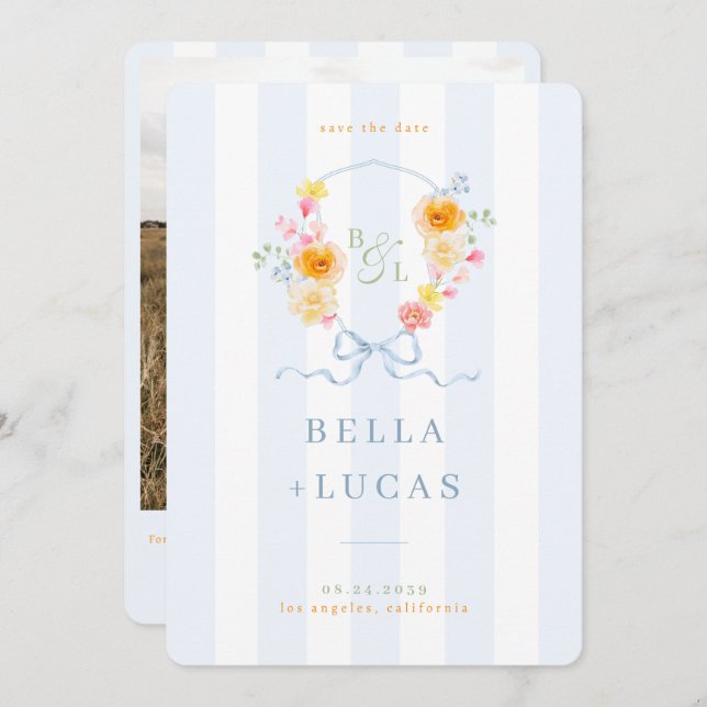 Reserve A Data Blue Stripes Floral Crest Monogram Spring Wedding (Frente/Verso)