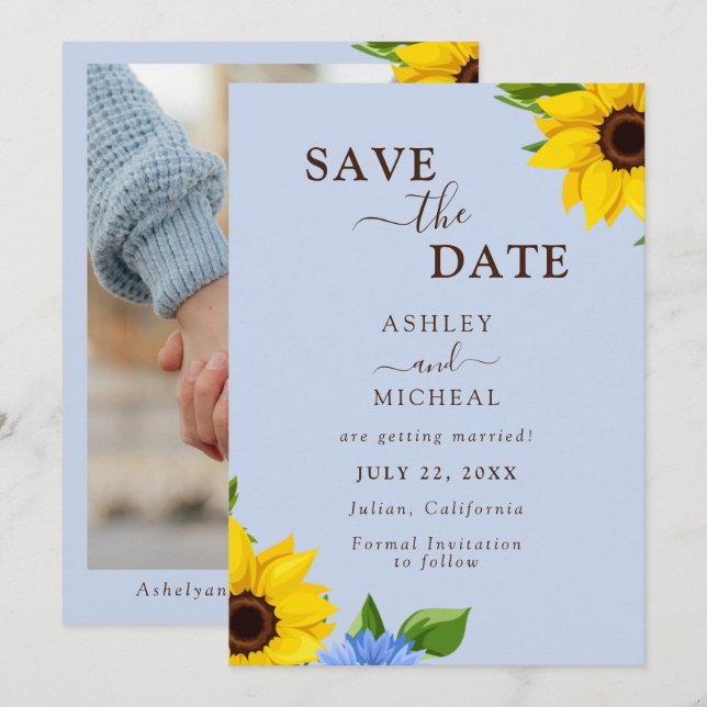 Reserve A Data Blue Sunflower Wedface Flat Save The Date Card (Frente/Verso)