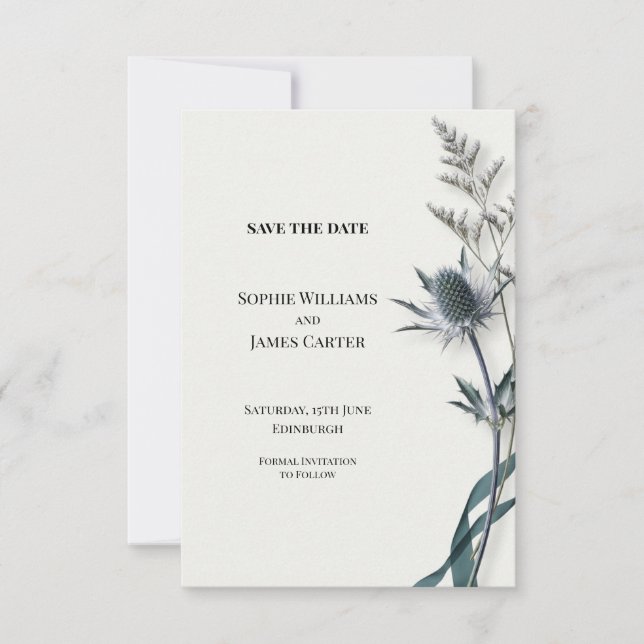 Reserve A Data Blue Thistle Botânico Casamento Save the Date (Frente)
