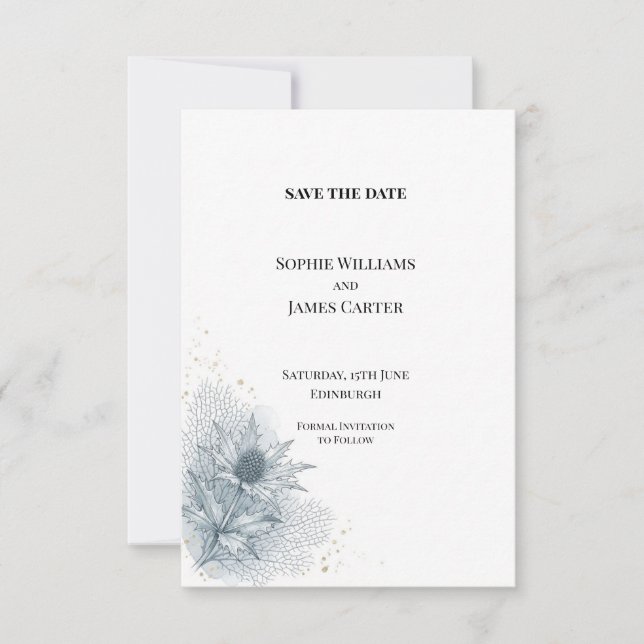Reserve A Data Blue Thistle Botânico Casamento Save the Date (Frente)