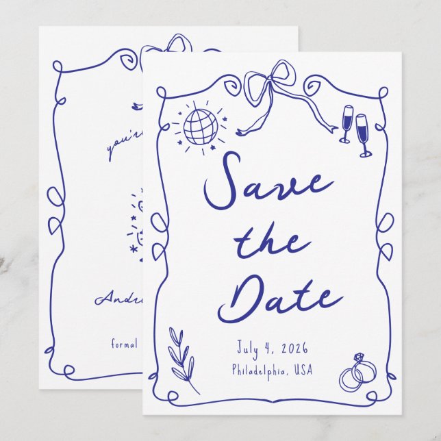 Reserve A Data Blue Whimsical Diversão Quirky Fez Casamento (Frente/Verso)