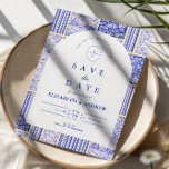 Reserve A Data Blue White Patchwork Toile Wedding<br><div class="desc">A timeless blue and white design inspired by classic Delft porcelain and French toile patterns. The patchwork tile border combines delicate florals, stripes, and ornamental motifs that evoke vintage European ceramics. A soft arched panel in the center keeps the layout refined and elegant while allowing the details of the porcelain-inspired...</div>