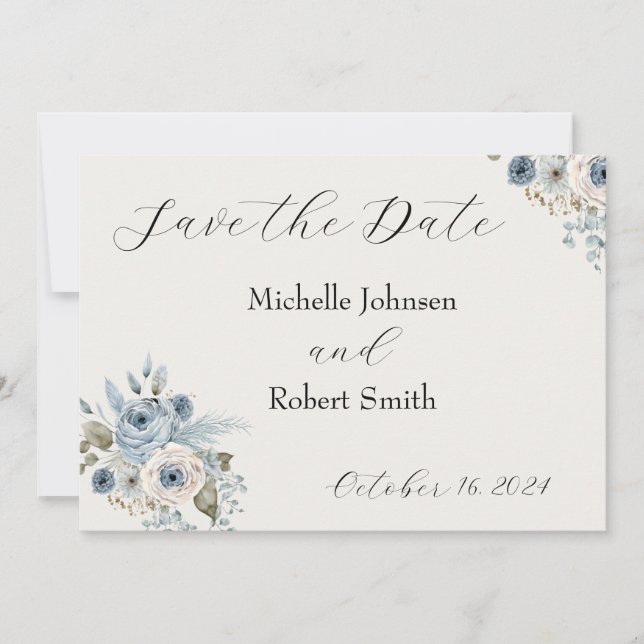 Reserve A Data Blue Winter Floral Flat Save The Date Card (Frente)
