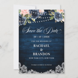 Reserve A Data Blush Floral Azul Marinho Luzes de Fio Save the Da