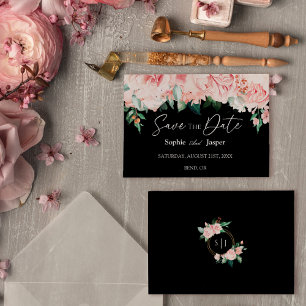 Reserve A Data Blush Floral Black Flat Save The Date Card