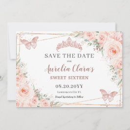 Reserve A Data Blush Floral Rosa Dourado Sweet 16 Quince Borbolet