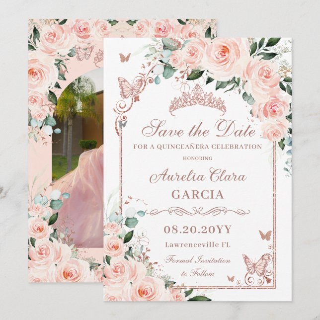 Reserve A Data Blush Floral Sweet 16 Rosa Dourado Quinceañera Fot (Frente/Verso)