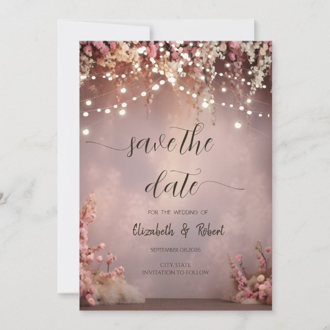 Reserve A Data Blush Flowers String Lights Save The Date (Frente)