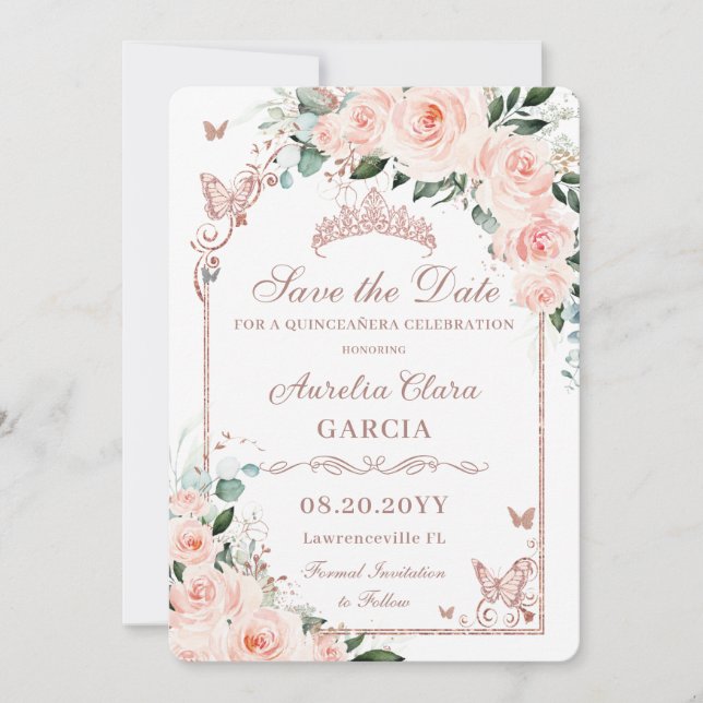 Reserve A Data Blush Rosa Floral Doce 16 Rosa Dourado Quinceañera (Frente)