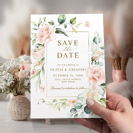 Reserve A Data Blush Rosa Floral Dourado Quadro Salvar A Data
