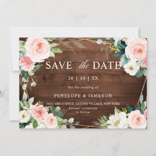 Reserve A Data Blush Rustic Wood Floral Geométrico Botânico