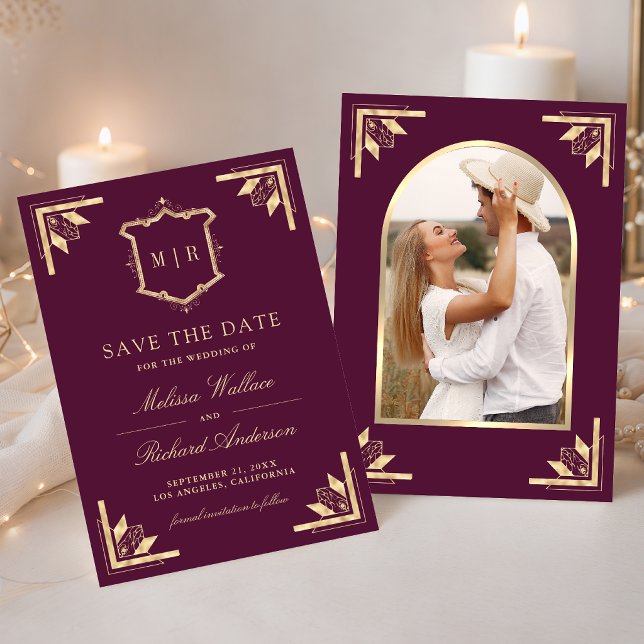 Reserve A Data Bodas de Foto Monograma Gold Crest Ameixa Roxo (Criador carregado)