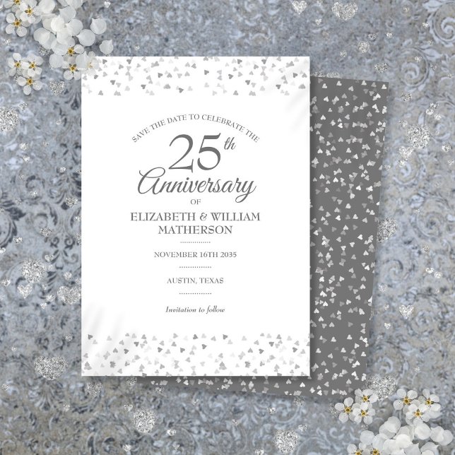 Reserve A Data Bodas de Prata 25º Aniversário de Casamento Coraçõ (25th Wedding Anniversary Silver Love Hearts Save The Date)