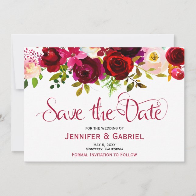Reserve A Data Boêmio Borgonha Marsala Floral Save the Date (Frente)