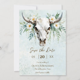 Reserve A Data Bohemian Watercolor Floral Cow Skull Casamento