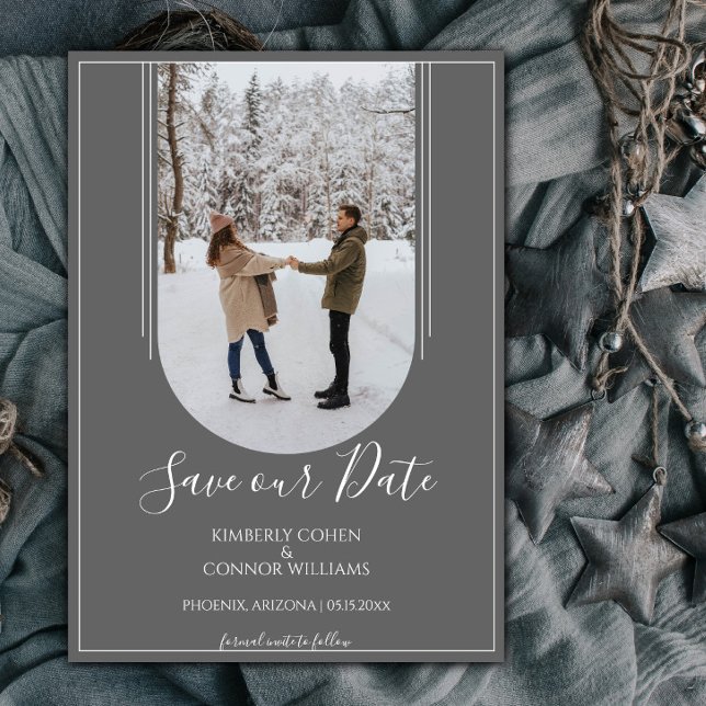 Reserve A Data Boho Arch Foto Save the Date | Cinza (Gray Arch Photo Save the Date)