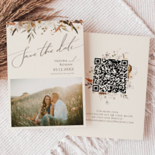Reserve A Data Boho Autumn Wildflower   Código QR de foto bege