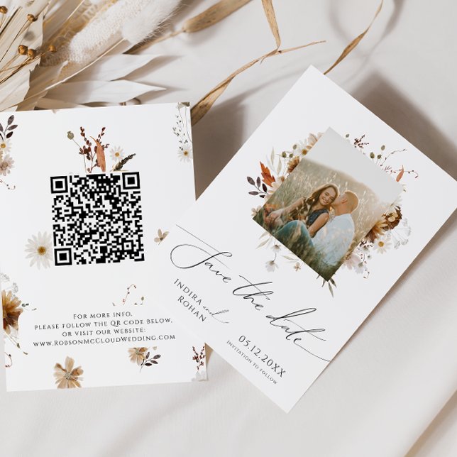 Reserve A Data Boho Autumn Wildflower | Código QR do quadro de fo (Criador carregado)