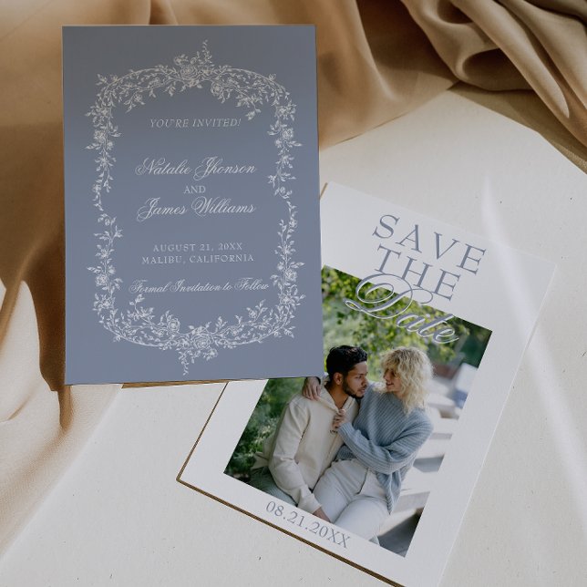 Reserve A Data Boho Azul Floral Botânico Foto Casamento (Criador carregado)