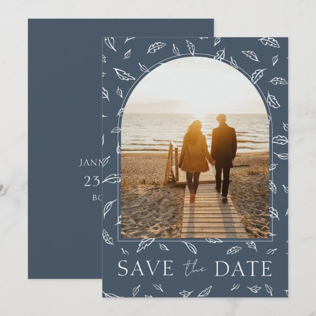 Reserve A Data Boho Azul Real Opulência Folhas Foto Casamento (Frente/Verso)