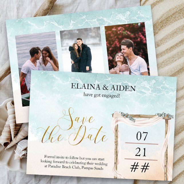 Reserve A Data Boho Beach Arbor Wedding 3 Foto (3 Photo Ocean Beach Themed Save the Date with gold calligraphy - Boho Beach Collection)