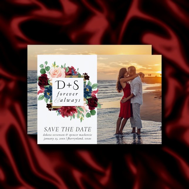 Reserve A Data Boho Bloom | Borgonha e Marinho Monograma 2 Foto (Criador carregado)