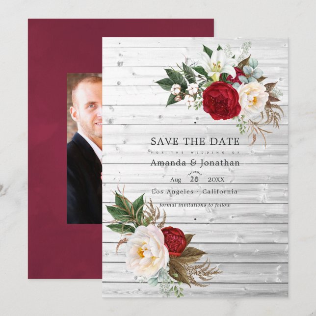 Reserve A Data Boho Borgonha - Casamento Floral Boêmio Marsala (Frente/Verso)