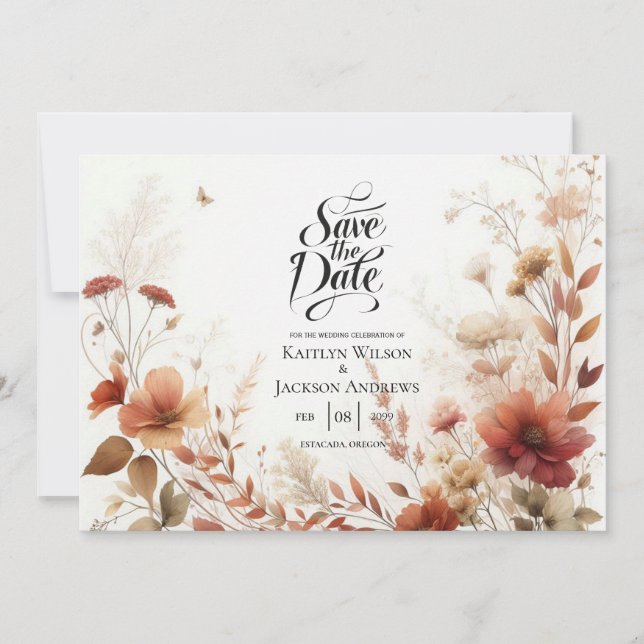 Reserve A Data Boho Browns with Butterflies Floral Wedding (Frente)
