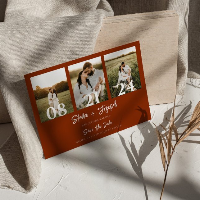 Reserve A Data Boho Burnt Orange Modern Três Fotos Casamento (Criador carregado)