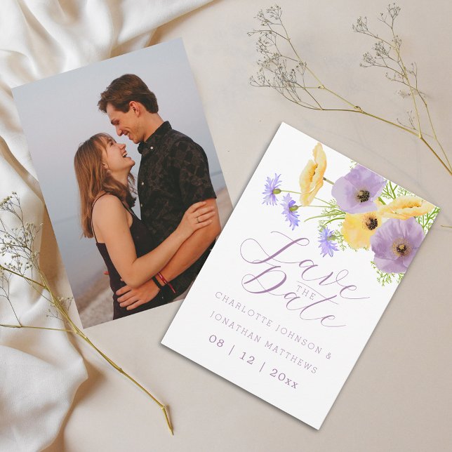 Reserve A Data Boho Chic Aquarela Foto de Noiva com Flores Silves (Elegant script wildflower bouquet watercolor purple yellow floral wedding save the date invitation)