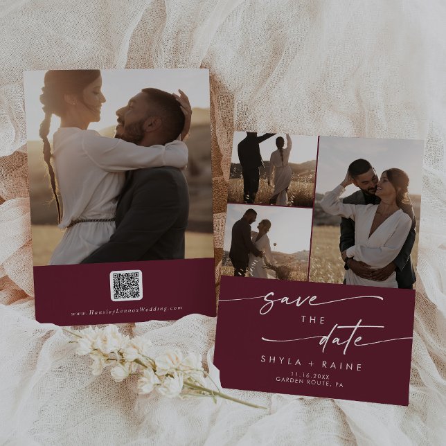 Reserve A Data Boho Chic Burgundy Red Multi Photo Código QR (Criador carregado)