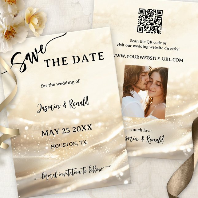 Reserve A Data Boho Chic Dourado Sparaking Photo Salve a placa de (Boho chic wedding Save the Date card featuring an elegant gold glitter design with sparkling lights)