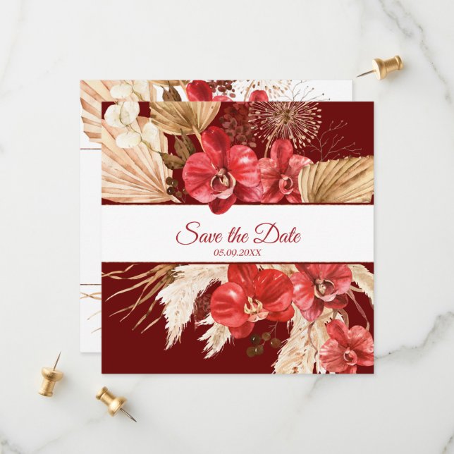 Reserve A Data Boho chic Red Orchid cai personalizado Casamento (Frente/Verso In Situ)