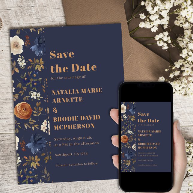 Reserve A Data Boho Dark Blue Floral Weding Date (Casamento Flora (Criador carregado)