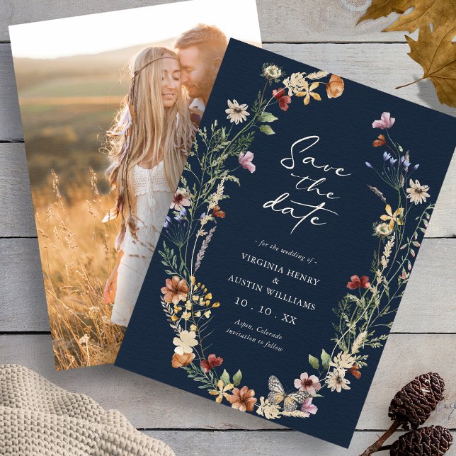 Reserve A Data Boho De Fotografia Elegante Do marinho Salvar A Da (Navy Elegant Photo Wildflower Boho Save The Date with Butterfly by Painted Paperie
)