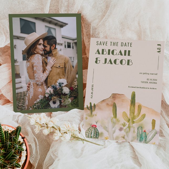 Reserve A Data Boho Desert Cactus Arizona Casamento de destino (Boho Desert Cactus Arizona Destination wedding Save The Date on beige)