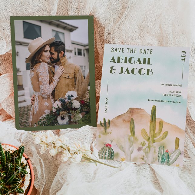 Reserve A Data Boho Desert Cactus Arizona Casamento de destino (Boho Desert Cactus Arizona Destination wedding Save The Date on blue sky)