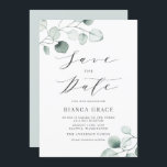 Reserve A Data Boho Dusty Blue Eucalyptus deixa Bat Mitzvah<br><div class="desc">Salve a data! Anuncie seu evento com este anúncio personalizável para salvar a data. O convite Greenery bat mitzvah apresenta folhas de eucalipto azuis empoeiradas de cor d'água com um roteiro cômico. Personalize adicionando seus próprios detalhes. Esse eucalipto Bat Mitzvah salva a data é perfeito para qualquer estação e tema....</div>