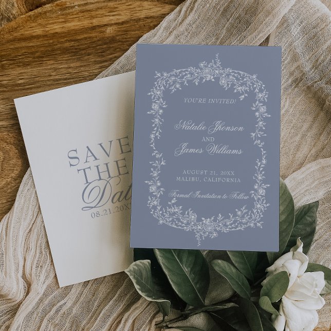 Reserve A Data Boho Dusty Blue Floral Botanical Wedding Save The  (Criador carregado)