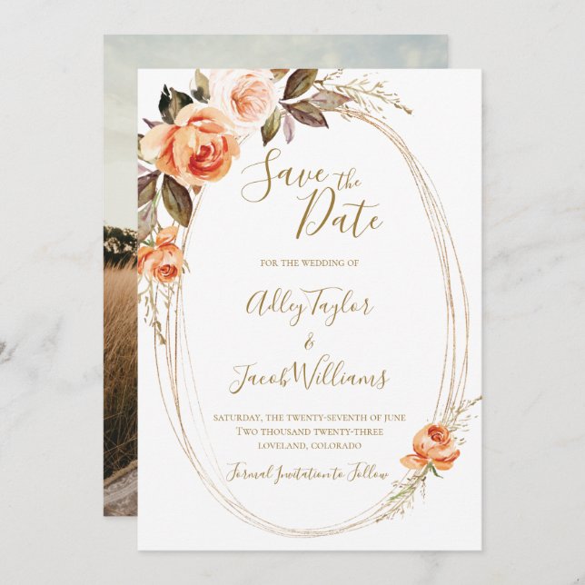 Reserve A Data Boho Fall Floral Photo Weding the Date (Casamento  (Frente/Verso)