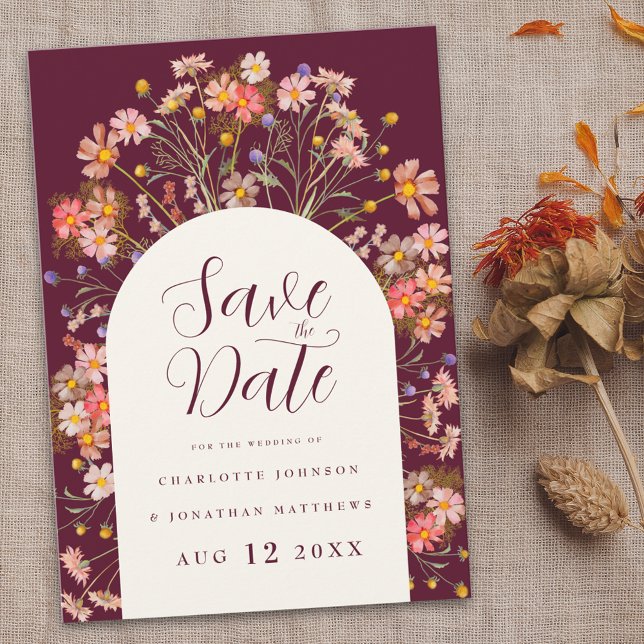 Reserve A Data Boho Fall Rustic Wildflower Wedding (Floral wildflower arch boho rustic fall wedding save the date invitation Romantic script)