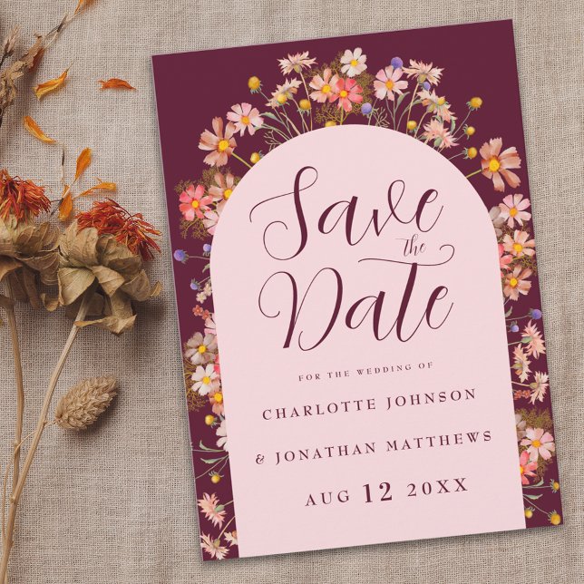 Reserve A Data Boho Fall Wildflower Burgundy Blush Casamento Cor- (Boho Wildflower elegant floral arch burgundy blush pink Wedding save the date invitation )