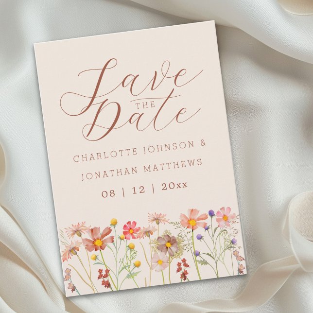 Reserve A Data Boho Fall Wildflower Meadow Wedding (Elegant boho watercolor wildflower meadow beige brown orange wedding save the date invitation)