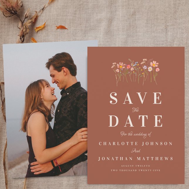 Reserve A Data Boho Fall Wildflower Terracotta Photo Wedding (Photo boho fall wildflower floral terracotta wedding save the date invitation Elegant modern)